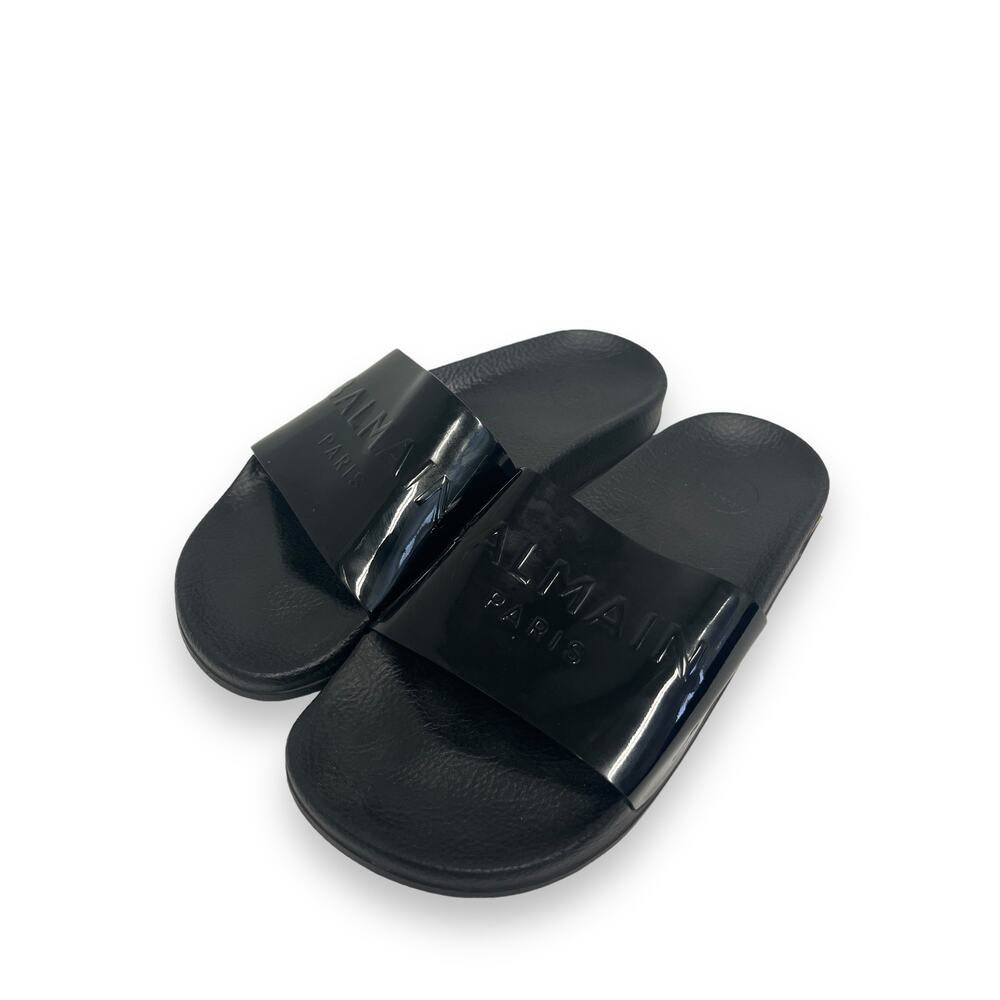 BALMAIN Black Calypso Embossed Patent Leather Logo Flats Slides Size 36 US 6 - Picture 2 of 8